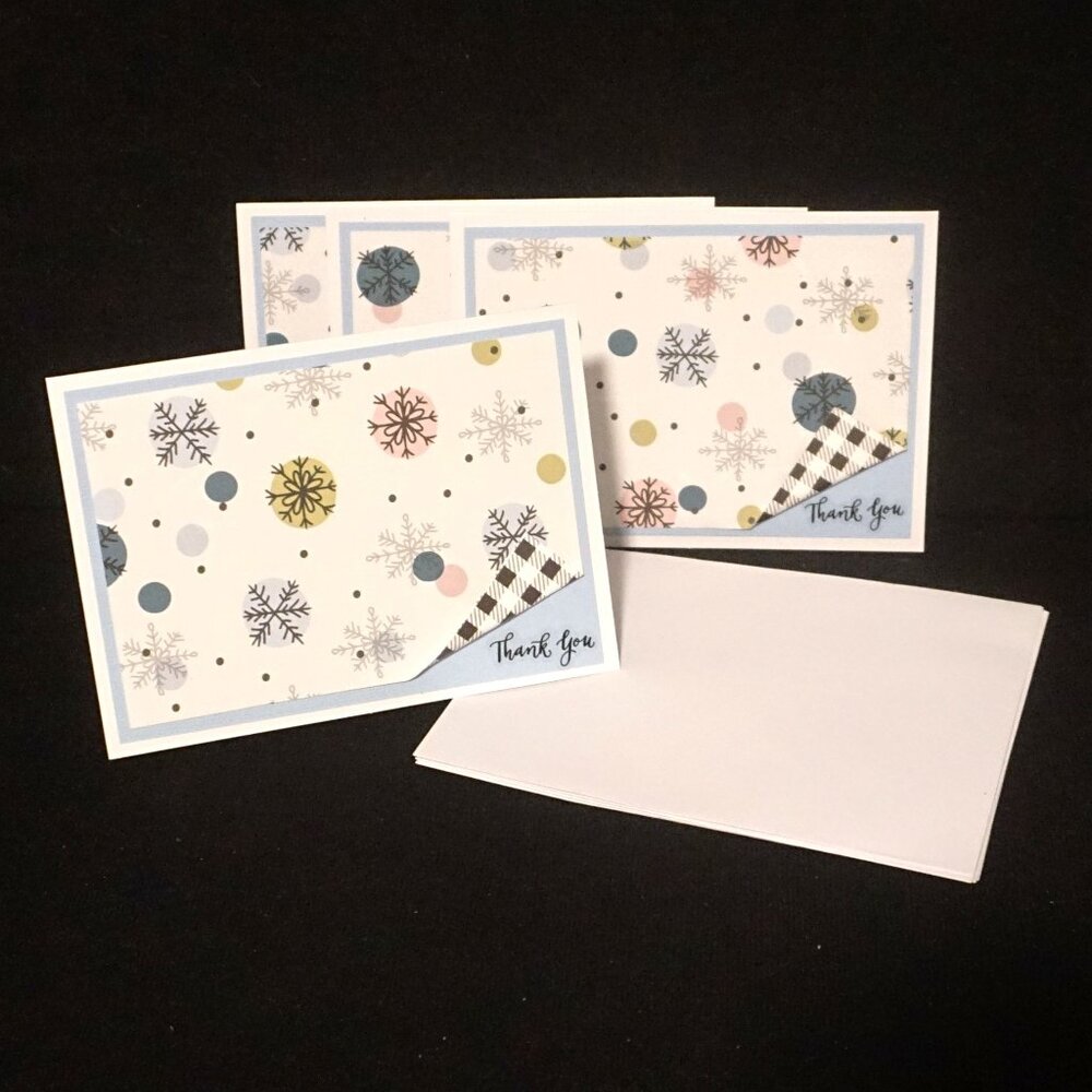 Set of 4 White Handmade Thank You Note Cards with Snowflake Print